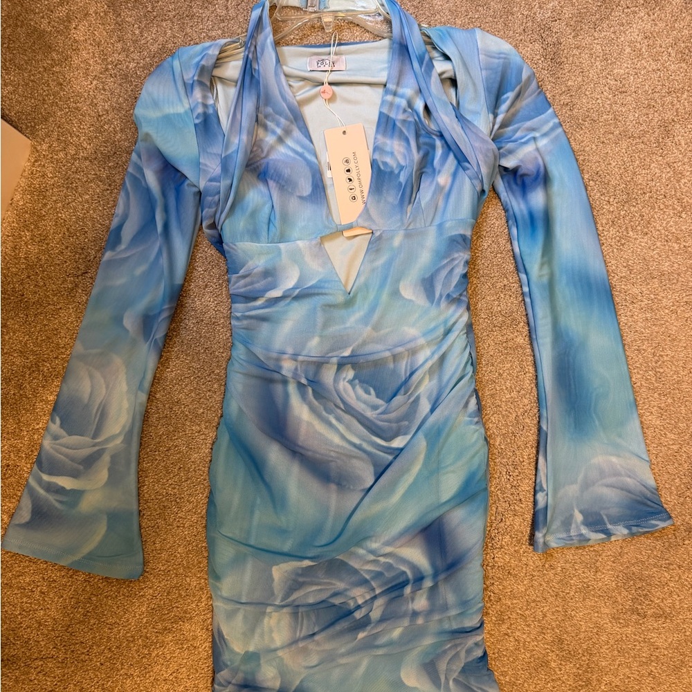Oh Polly Blue Rose Print Bodycon Dress